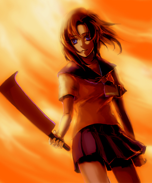 ryuuguu rena, higurashi no naku koro ni, 00s, 1girl, billhook, crazy eyes, female focus, hashitsuki nata, hatchet, nata (tool), school uniform, serafuku, solo