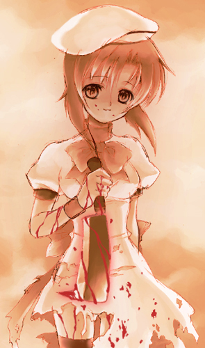 ryuuguu rena, higurashi no naku koro ni, lowres, 00s, 1girl, billhook, blood, crazy eyes, dress, female focus, hashitsuki nata, hat, hatchet, monochrome, nata (tool), solo, thighhighs, torn clothes, zettai ryouiki