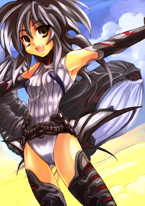 kouno hikaru, lunar whale, final fantasy, final fantasy iv, 1990s (style), 1girl, black hair, cloud, day, desert, female focus, leotard, open mouth, outdoors, outstretched arms, personification, retro artstyle, sky, smile, solo, spacecraft, spread arms, whale, yellow eyes