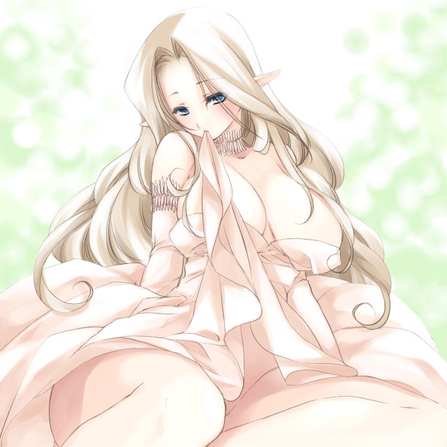 ayase hazuki, 1girl, blonde hair, blue eyes, breasts, female focus, huge breasts, large breasts, long hair, mouth hold, pointy ears, sitting, solo