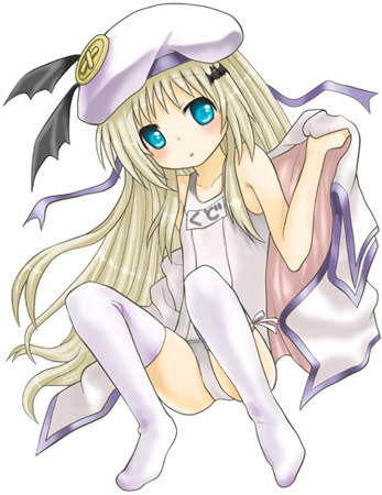 hinata nonoka, nonoka, noumi kudryavka, little busters!, silver hair, lowres, 1girl, blue eyes, buttons, cape, female focus, hat, large buttons, long hair, name tag, one-piece swimsuit, school swimsuit, solo, swimsuit, thighhighs, white one-piece swimsuit, white school swimsuit