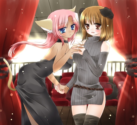soumoto mina, original, 2girls, :d, :o, animal ears, belt, blonde hair, blue eyes, blush, brown eyes, cat ears, cat tail, curtains, dark-skinned female, dark skin, dog ears, dog tail, dress, holding hands, indoors, long hair, multiple girls, open mouth, pale skin, parted lips, pink hair, ribbed dress, short hair, side slit, smile, tail, thighhighs