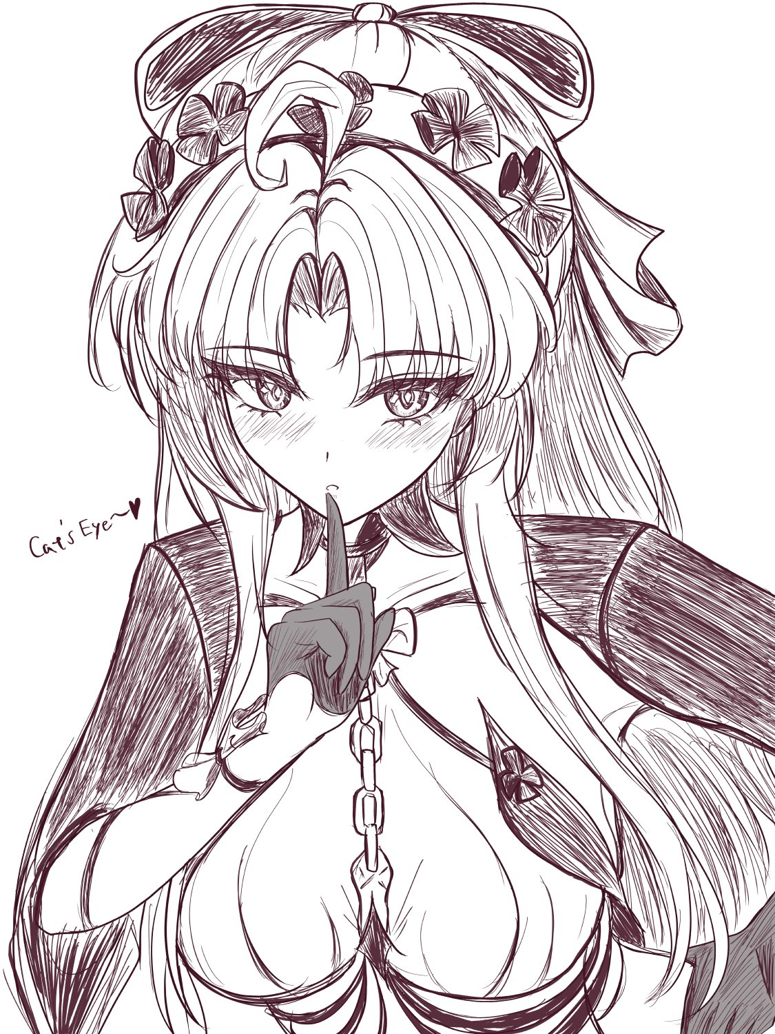 bunchosan dayo, carlotta (wuthering waves), wuthering waves, commentary, highres, 1girl, ahoge, blush, bow, breasts, english text, finger to mouth, gloves, hair bow, hairband, half gloves, hand on own hip, hand up, index finger raised, jacket, looking at viewer, medium breasts, parted bangs, shushing, solo, upper body