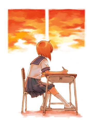 ryuuguu rena, higurashi no naku koro ni, lowres, 00s, 1girl, chair, desk, female focus, from behind, full body, kneehighs, on chair, orange hair, pen, pleated skirt, school uniform, serafuku, shoes, short hair, short sleeves, sitting, skirt, sky, socks, solo, sunset, table, twilight, writing