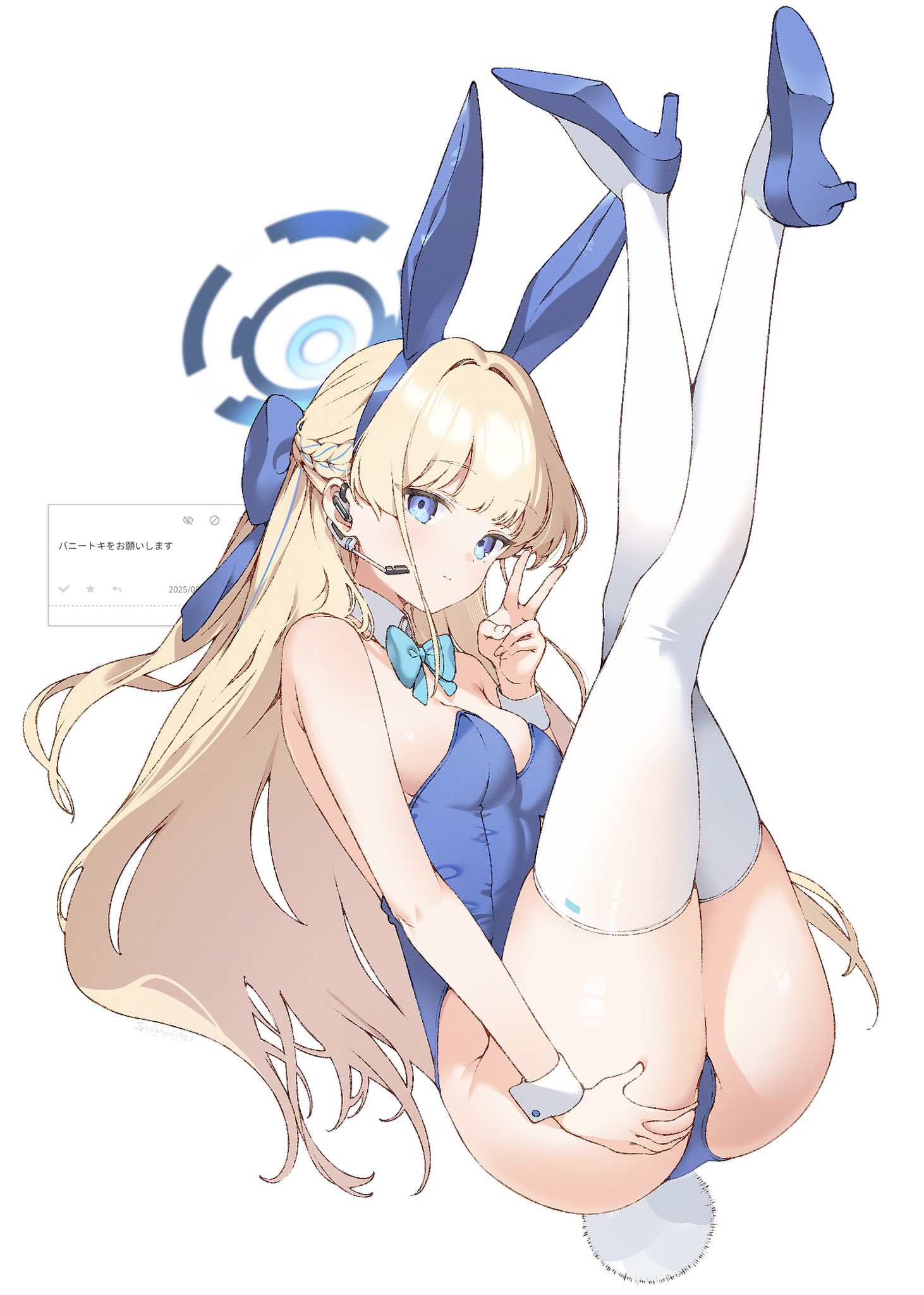 koishi (kiwi0314), toki (blue archive), toki (bunny) (blue archive), blue archive, highres, 1girl, animal ears, blonde hair, blue eyes, blue halo, blue leotard, bow, bowtie, breasts, detached collar, double v, fake animal ears, halo, hand on own ass, legs up, leotard, long hair, looking at viewer, official alternate costume, playboy bunny, rabbit ears, solo, strapless, strapless leotard, thighhighs, v, white thighhighs, wrist cuffs