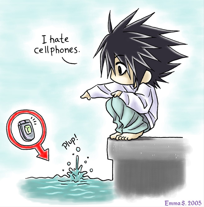 l (death note), death note, artist request, 00s, 1boy, 2005, artist name, bags under eyes, barefoot, cellphone, chibi, english text, full body, male focus, outdoors, phone, sitting, solo, squatting, water