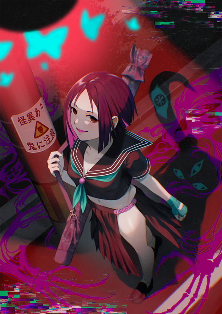 nakaga eri, minamoto no raikou (fate), minamoto no raikou (fate/grand order), minamoto no raikou (swimsuit lancer) (fate), minamoto no raikou (swimsuit lancer) (second ascension) (fate), ushi gozen (fate), fate/grand order, fate (series), 1girl, black eyes, black sailor collar, black serafuku, black shirt, black skirt, breasts, cosplay, crop top, long skirt, looking at viewer, minamoto no raikou (swimsuit lancer) (fate) (cosplay), navel, neckerchief, open mouth, parted bangs, purple hair, sailor collar, school uniform, serafuku, shirt, short hair, short sleeves, skirt, small breasts, smile, solo, thighs