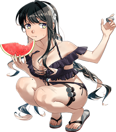 fujikawa, naganami (kancolle), naganami kai ni (kancolle), kantai collection, commentary request, official art, second-party source, 1girl, bikini, black bikini, black hair, breasts, cleavage, closed mouth, depth charge, food, fruit, full body, hairband, kneeling, large breasts, long hair, looking at viewer, multicolored hair, naganami (swimsuit) (kancolle), pink hair, sandals, solo, swimsuit, thigh strap, transparent background, two-tone hair, watermelon, wavy hair, white hairband, yellow eyes