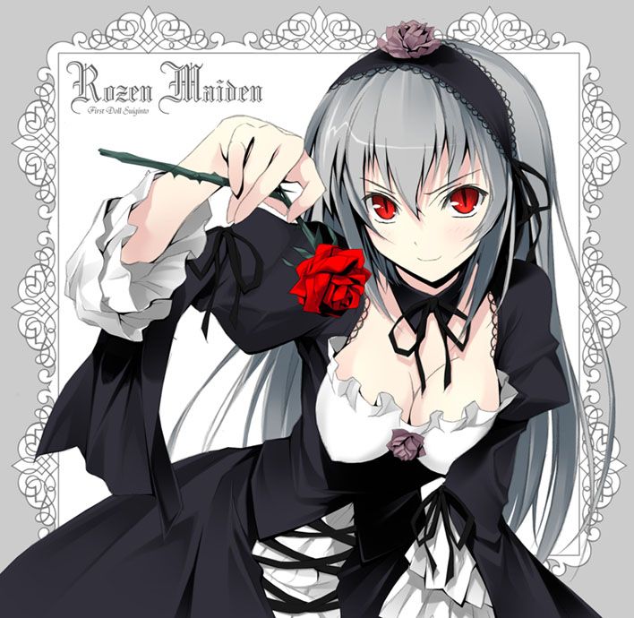 kantoku, suigintou, rozen maiden, 00s, 1girl, breasts, cleavage, covered erect nipples, female focus, flower, large breasts, red eyes, rose, slit pupils, solo
