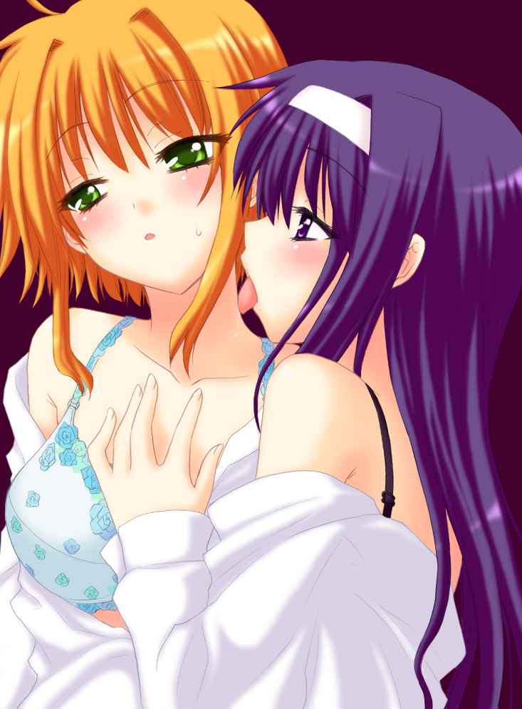 saki chisuzu, arisa bunnings, tsukimura suzuka, lyrical nanoha, mahou shoujo lyrical nanoha, 00s, 2girls, bra, licking, lingerie, multiple girls, underwear, yuri