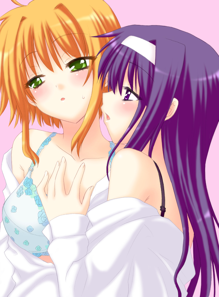 saki chisuzu, arisa bunnings, tsukimura suzuka, lyrical nanoha, mahou shoujo lyrical nanoha, mahou shoujo lyrical nanoha a's, 00s, 2girls, blue bra, bra, floral print, lingerie, multiple girls, underwear, yuri