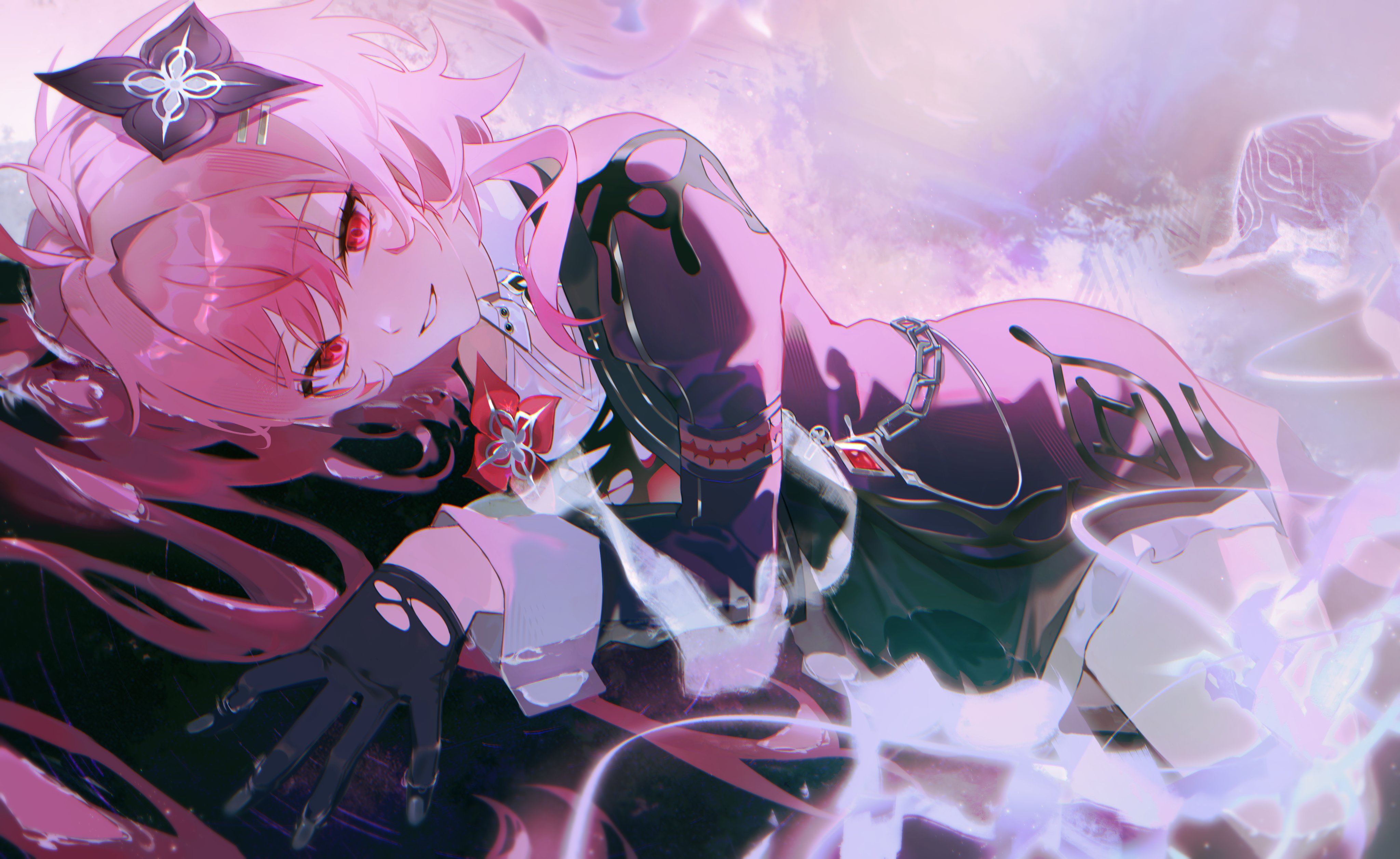 marti 31, evernight (honkai: star rail), march 7th (honkai: star rail), honkai: star rail, honkai (series), absurdres, commentary, highres, symbol-only commentary, 1girl, black dress, black gloves, dress, flower, gloves, hair flower, hair ornament, jellyfish, long hair, looking at viewer, lying, on side, pantyhose, red eyes, smile, solo, white pantyhose