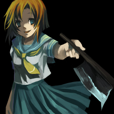 ryuuguu rena, higurashi no naku koro ni, lowres, 00s, 1girl, billhook, crazy eyes, female focus, hashitsuki nata, hatchet, nata (tool), school uniform, serafuku, solo