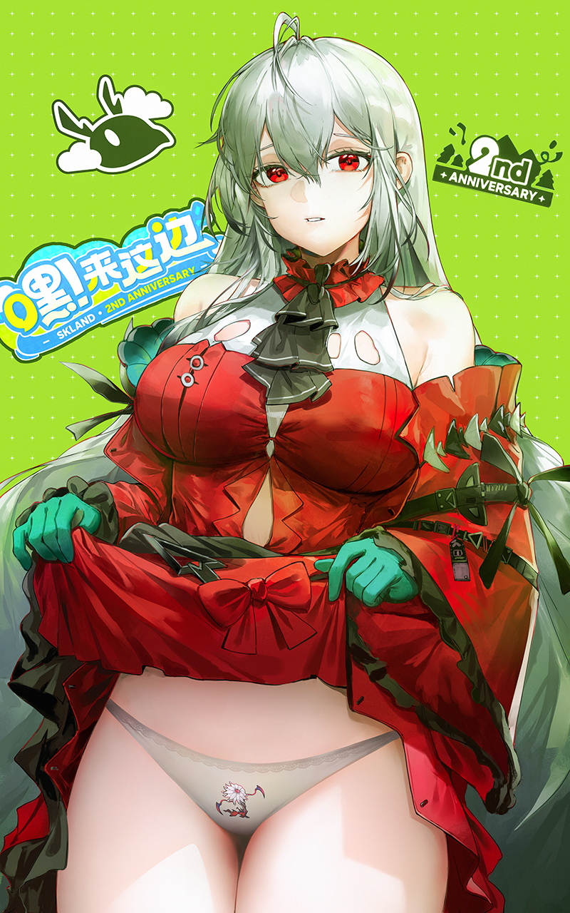 yuuki mix, skadi (arknights), skadi the corrupting heart (arknights), arknights, highres, 1girl, blue gloves, breasts, clothes lift, cowboy shot, dress, dress lift, gloves, grey hair, hair between eyes, large breasts, lifting own clothes, long hair, long sleeves, panties, red dress, red eyes, solo, standing, underwear, very long hair, white panties