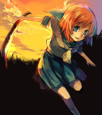 hanokage, ryuuguu rena, higurashi no naku koro ni, lowres, 00s, 1girl, billhook, blood, crazy eyes, female focus, hashitsuki nata, hatchet, nata (tool), school uniform, serafuku, solo, sunset