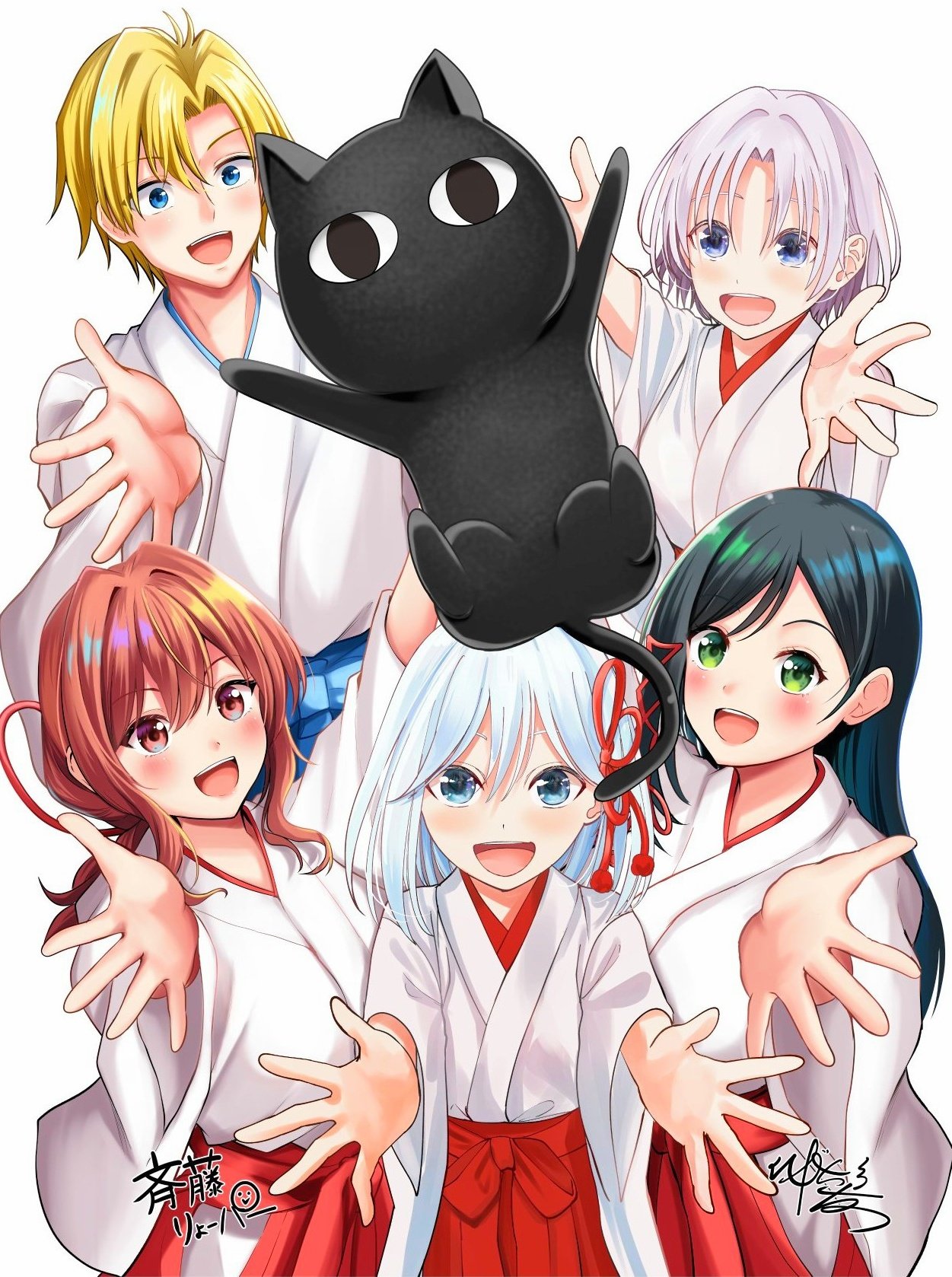 ryopa, amagami asahi, amagami yae, amagami yuna, kamihate uryuu, tsuruyama shirahi, amagami-san chi no enmusubi, commentary request, highres, 1boy, 4girls, black cat, black hair, blonde hair, blue eyes, blue hair, blush, cat, green eyes, hair ornament, hakama, japanese clothes, kosode, long hair, miko, multiple girls, open mouth, outstretched arms, pink hair, purple eyes, red eyes, red hair, red hakama, short hair, signature, simple background, smile, white background
