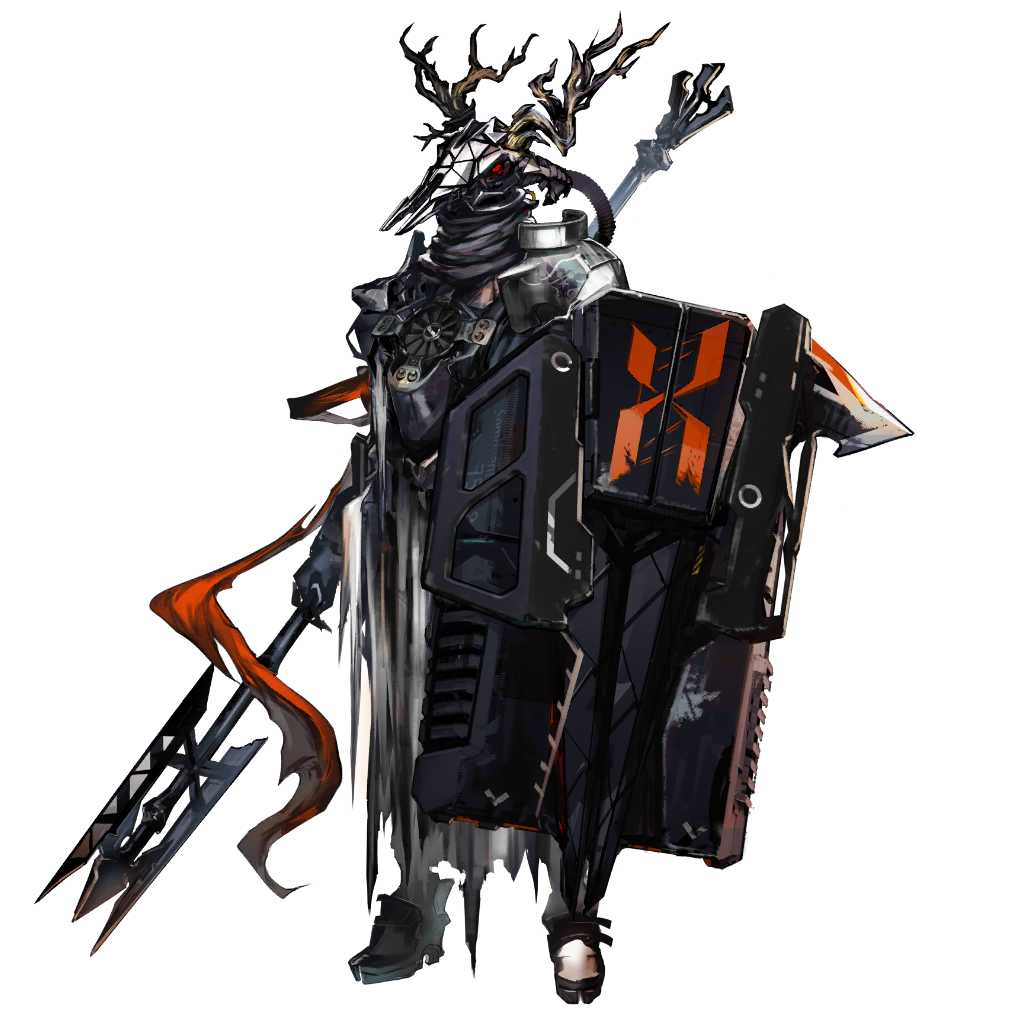 yui (niikyouzou), patriot (arknights), wendigo, arknights, official art, third-party source, 1boy, animal skull, antlers, armband, armor, boots, claws, covered face, deer antlers, deer skull, electric fan, full armor, full body, holding, holding polearm, holding shield, holding weapon, horns, mask, polearm, red eyes, reunion logo (arknights), shield, shoulder armor, skull mask, skull on head, standing, torn clothes, tree horns, weapon