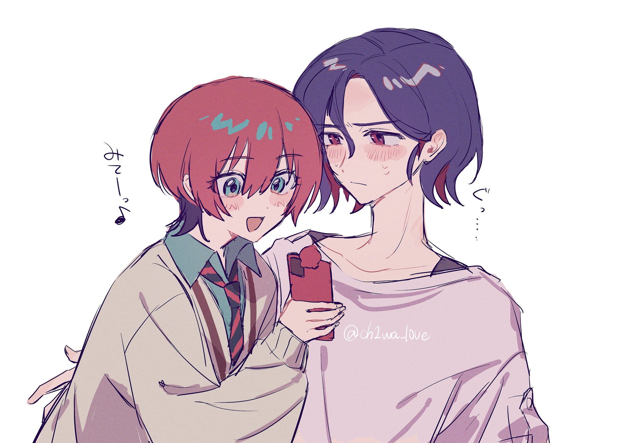 amate yuzuriha, shuji ito, gundam, gundam gquuuuuux, highres, 1boy, 1girl, aqua eyes, aqua shirt, artist name, blue hair, blush, cellphone, ch1wa l0ve, closed mouth, collared shirt, colored inner hair, hetero, holding, holding phone, long sleeves, looking at phone, multicolored hair, necktie, open mouth, phone, purple hair, red eyes, red hair, school uniform, shirt, short hair, simple background, smartphone, smile, sweater, tank top, twitter username, two-tone hair, upper body, white background, white shirt