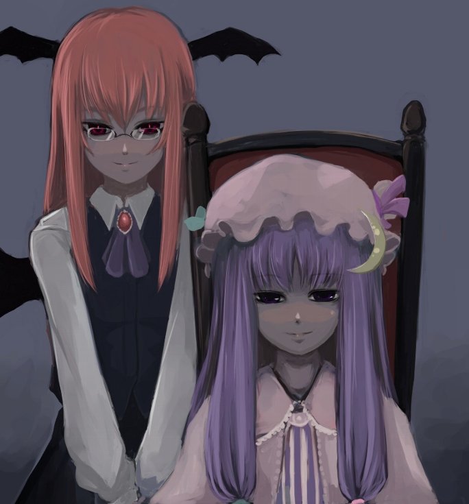 ginji (sakaki summer), koakuma, patchouli knowledge, embodiment of scarlet devil, touhou, 2girls, bat wings, bespectacled, female focus, glasses, hat, head wings, long hair, multiple girls, purple hair, red eyes, red hair, smile, wings