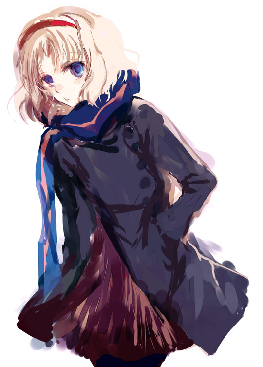 nokishita, alice margatroid, touhou, 1girl, alternate costume, blonde hair, blue eyes, cowboy shot, female focus, hairband, leaning forward, long sleeves, looking at viewer, pantyhose, scarf, short hair, simple background, solo, standing, white background