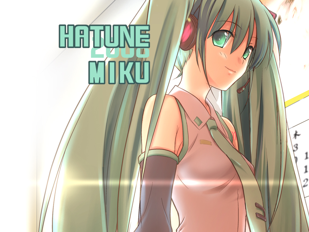 tenka taihei, hatsune miku, vocaloid, 00s, 1girl, 2008, blush, calendar (object), character name, closed mouth, collared shirt, detached sleeves, female focus, from below, glowing, green hair, grey shirt, hair between eyes, hair ornament, headphones, lens flare, long hair, necktie, shirt, smile, solo, tattoo, twintails, upper body