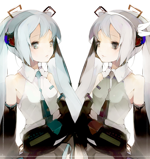 kaede (sayappa), sayappa, hatsune miku, vocaloid, 1girl, alternate color, aqua hair, blue eyes, blue hair, border, detached sleeves, dual persona, grey eyes, grey hair, hair ornament, headphones, long hair, necktie, shirt, simple background, symmetrical pose, twintails, upper body, very long hair, white background