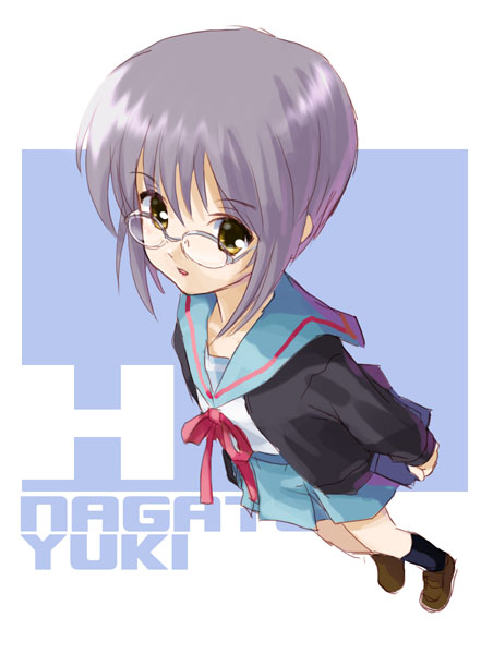 katahira masashi, nagato yuki, suzumiya haruhi no yuuutsu, 00s, full body, glasses, school uniform, serafuku, solo