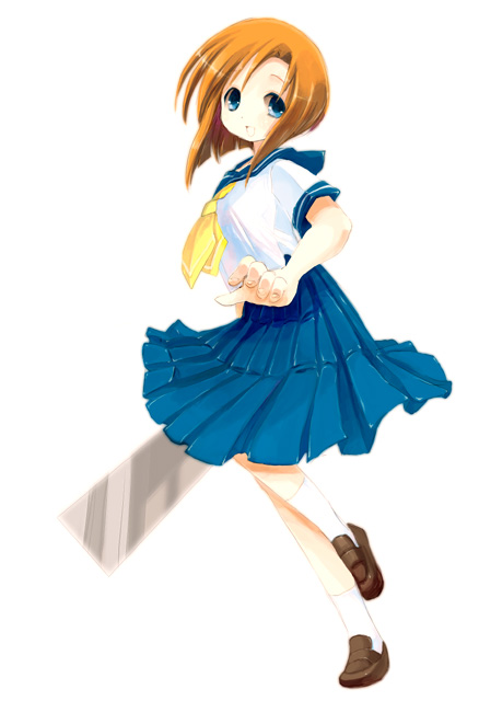 yakisake, ryuuguu rena, higurashi no naku koro ni, 00s, 1girl, billhook, blue eyes, brown shoes, female focus, hatchet, knife, nata (tool), orange hair, school uniform, serafuku, shoes, short hair, solo