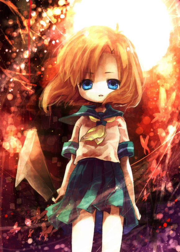 onineko, ryuuguu rena, higurashi no naku koro ni, 00s, 1girl, billhook, crazy eyes, female focus, hashitsuki nata, hatchet, nata (tool), school uniform, serafuku, solo