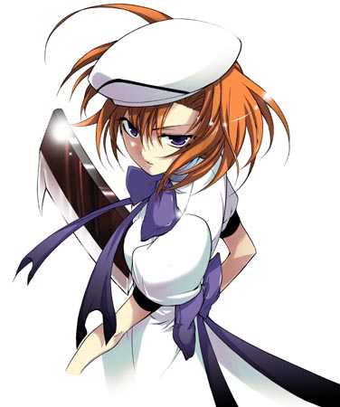 suzuragi karin, ryuuguu rena, higurashi no naku koro ni, lowres, 00s, 1girl, billhook, crazy eyes, dress, female focus, hashitsuki nata, hat, hatchet, nata (tool), solo