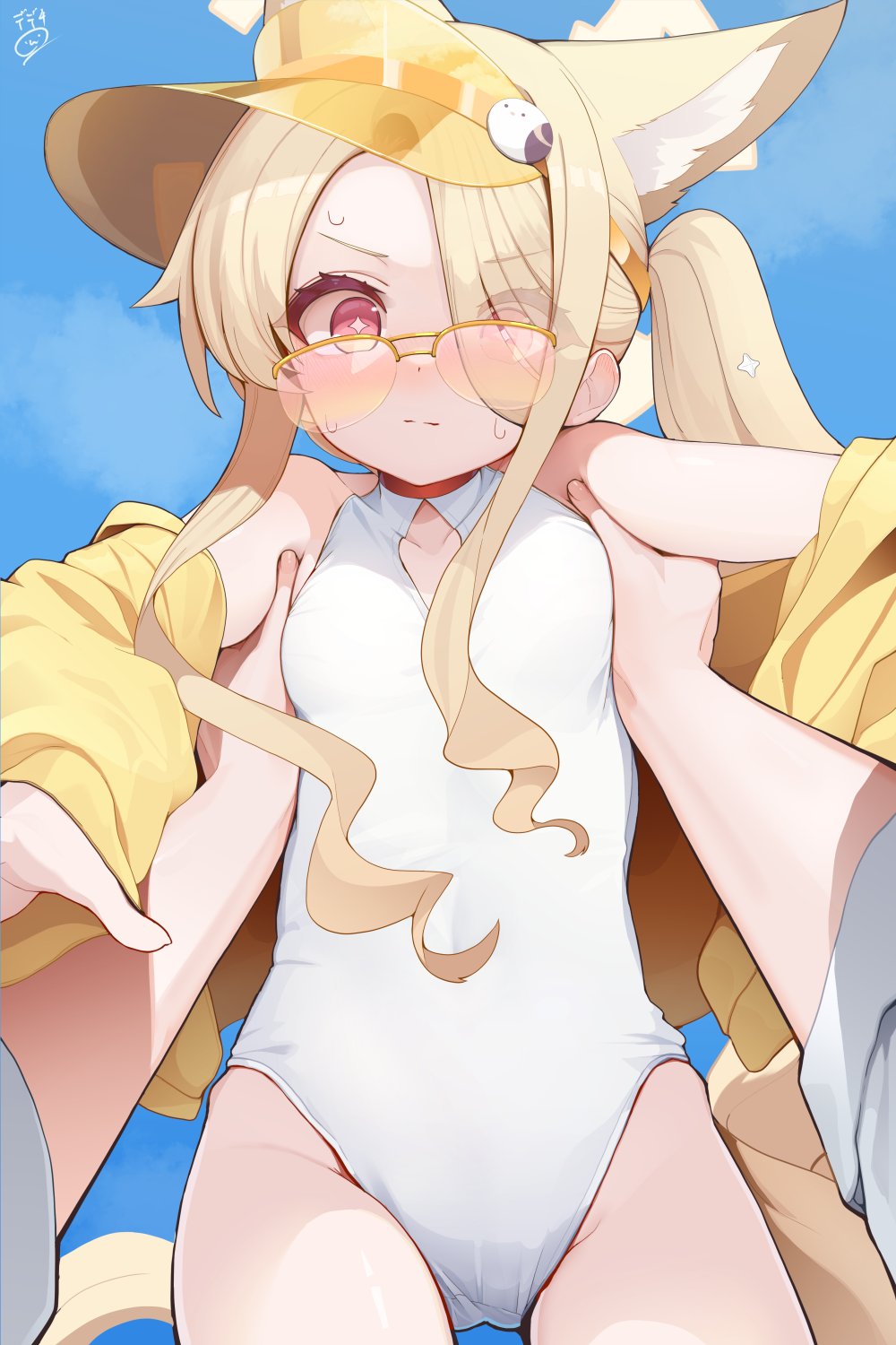 nejime, seia (blue archive), seia (swimsuit) (blue archive), blue archive, commentary request, highres, + +, 1girl, 1other, above-cleavage cutout, animal ears, asymmetrical hair, blonde hair, blush, breasts, carrying, carrying person, closed mouth, clothing cutout, diamond cutout, extra ears, fox ears, fox girl, fox tail, hair over one eye, halo, highleg, highleg one-piece swimsuit, jacket, long sleeves, looking at viewer, looking over eyewear, official alternate hairstyle, one-piece swimsuit, over-rim eyewear, pov, pov hands, red-tinted eyewear, red eyes, semi-rimless eyewear, side ponytail, small breasts, solo focus, sunglasses, swimsuit, tail, tinted eyewear, v-shaped eyebrows, visor cap, white background, white one-piece swimsuit, yellow-framed eyewear, yellow halo, yellow jacket, yellow visor