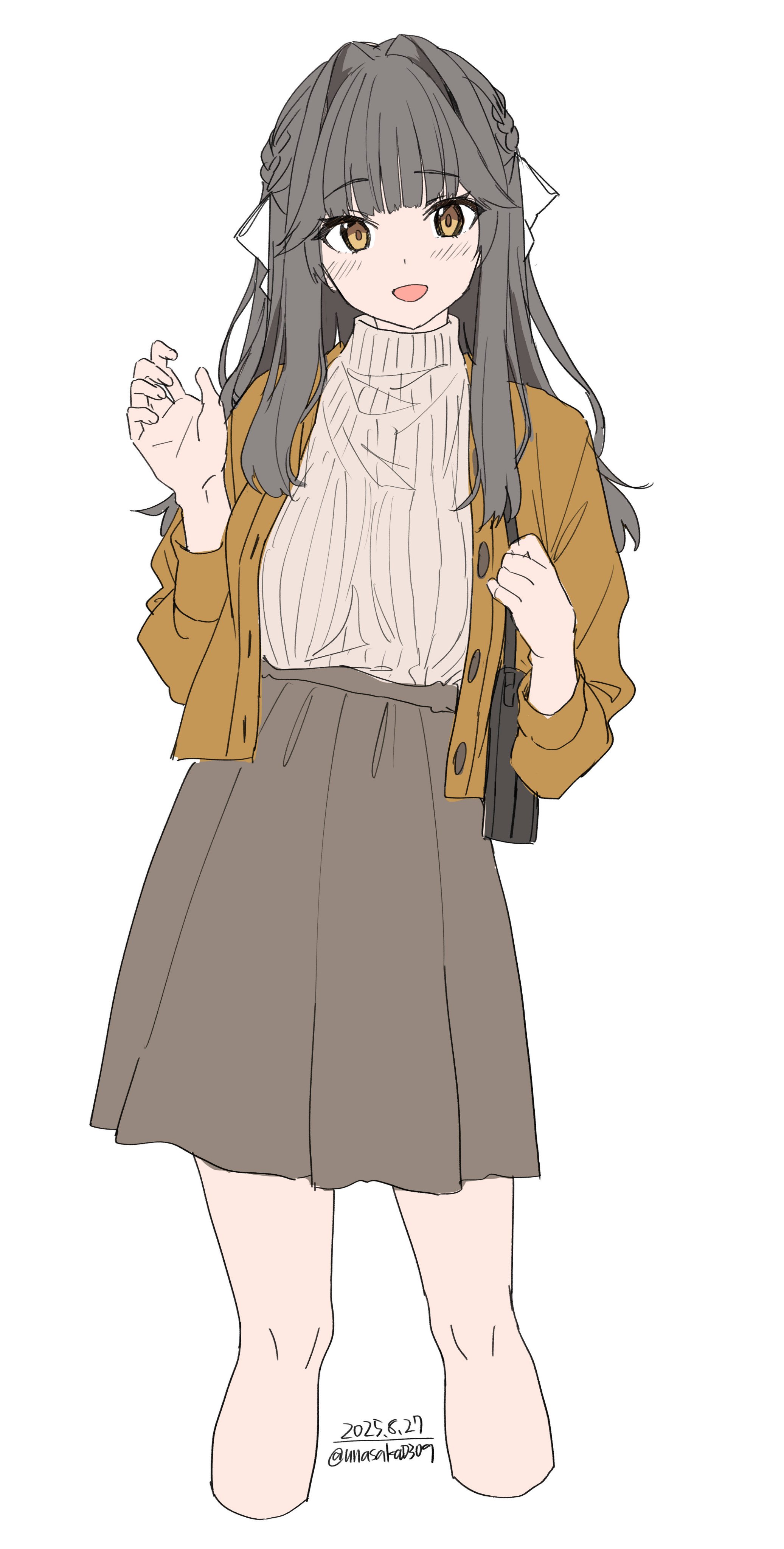 unasaka ryou, original, absurdres, highres, 1girl, bag, bow, breasts, brown eyes, brown hair, brown skirt, cardigan, hair bow, long hair, long sleeves, looking at viewer, open cardigan, open clothes, open mouth, ribbed sweater, shirt, shoulder bag, simple background, skirt, smile, solo, sweater, white background, white bow, yellow cardigan