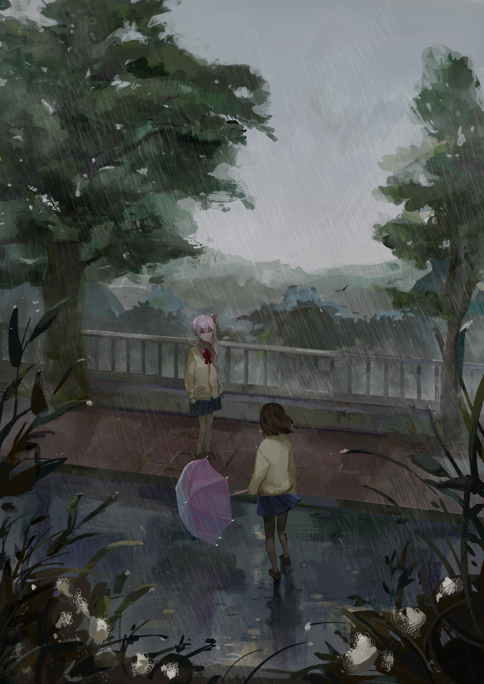 project sekai, absurdres, character request, highres, 25imfine, 2girls, black hair, grey sky, hair ribbon, holding, holding umbrella, looking at another, miniskirt, multiple girls, pink hair, railing, rain, ribbon, road, school uniform, skirt, sky, tree, umbrella