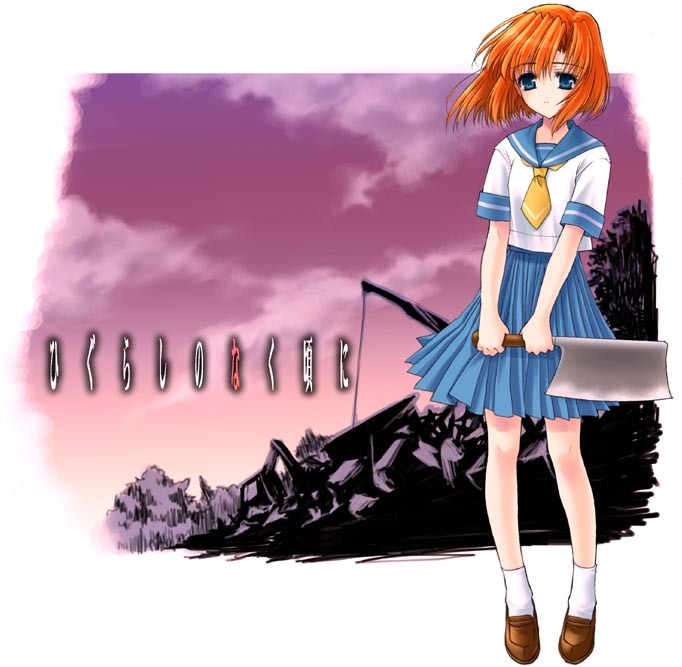 kisaragi mizu, ryuuguu rena, higurashi no naku koro ni, md5 mismatch, 00s, 1girl, billhook, blue eyes, female focus, hashitsuki nata, hatchet, nata (tool), orange hair, school uniform, serafuku, short hair, solo
