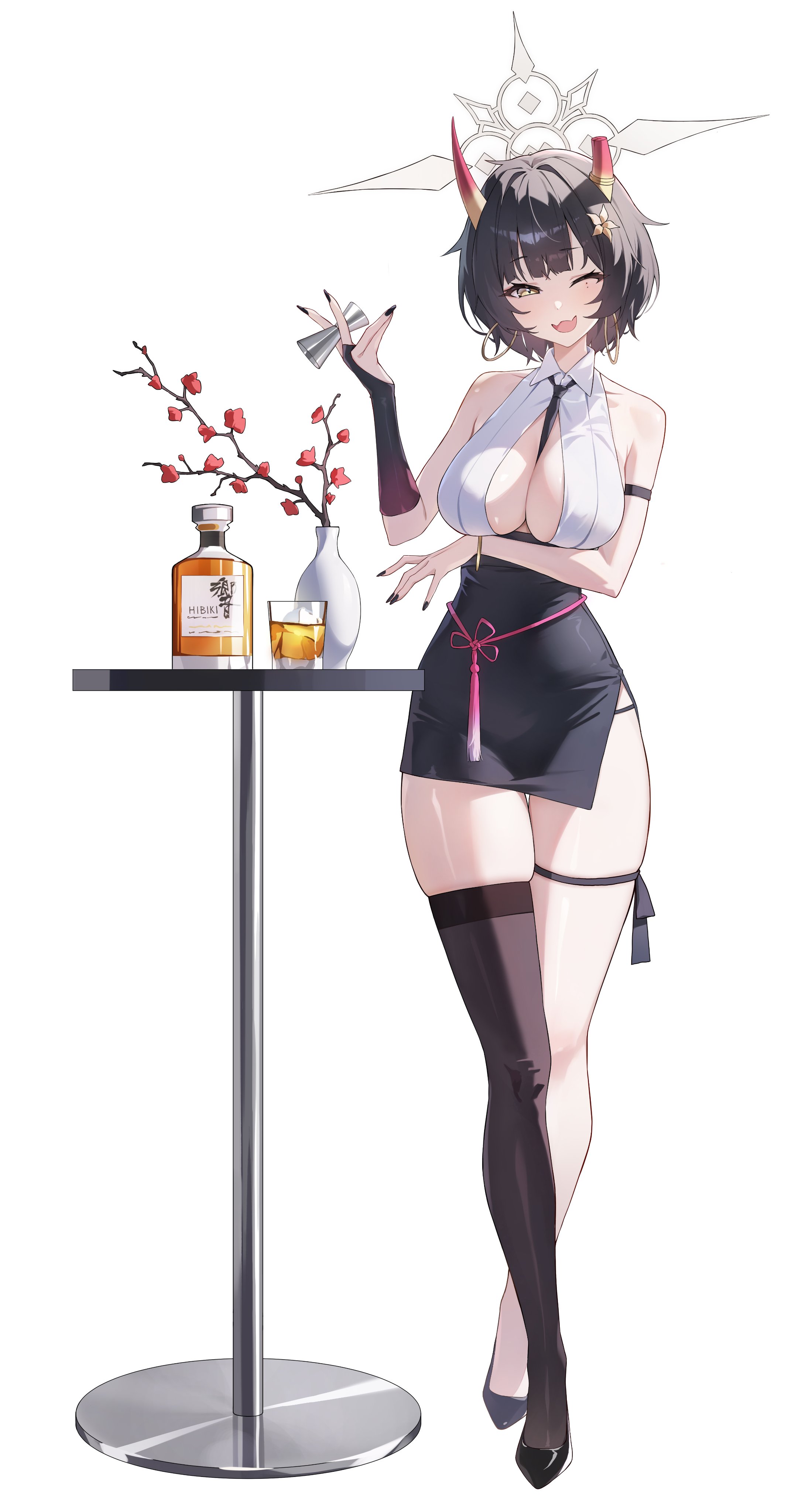 sh1on, niya (blue archive), blue archive, absurdres, highres, 1girl, ;), alcohol, arm strap, arm under breasts, arm up, bare shoulders, between breasts, black gloves, black hair, black nails, black thighhighs, blush, bottle, breasts, broken horn, cleavage, crossed legs, dot nose, earrings, flower, full body, gloves, gradient horns, hair flower, hair ornament, halo, high-waist skirt, high heels, horns, jewelry, large breasts, looking at viewer, mole, mole under eye, multicolored horns, nail polish, necktie, necktie between breasts, one eye closed, open clothes, open mouth, partially fingerless gloves, pumps, red horns, shirt, short hair, single thighhigh, skirt, sleeveless, sleeveless shirt, smile, solo, standing, thigh strap, thighhighs, tight clothes, whisky glass, white halo, yellow eyes, yellow horns