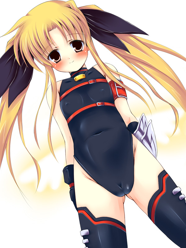 mofumofu (lorelei), fate testarossa, lyrical nanoha, mahou shoujo lyrical nanoha, 00s, 1girl, blonde hair, blush, bow, breasts, brown eyes, cameltoe, covered erect nipples, female focus, hair bow, leotard, loli, long hair, medium breasts, navel, solo, thighhighs