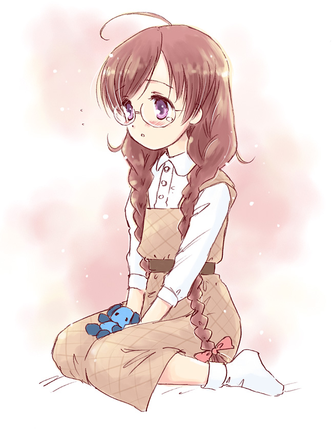 takahashi mugi, amatsuka kosame, baby princess, 10s, 1girl, blush, braid, brown hair, female focus, glasses, kneeling, long hair, purple eyes, socks, solo, tears, twin braids