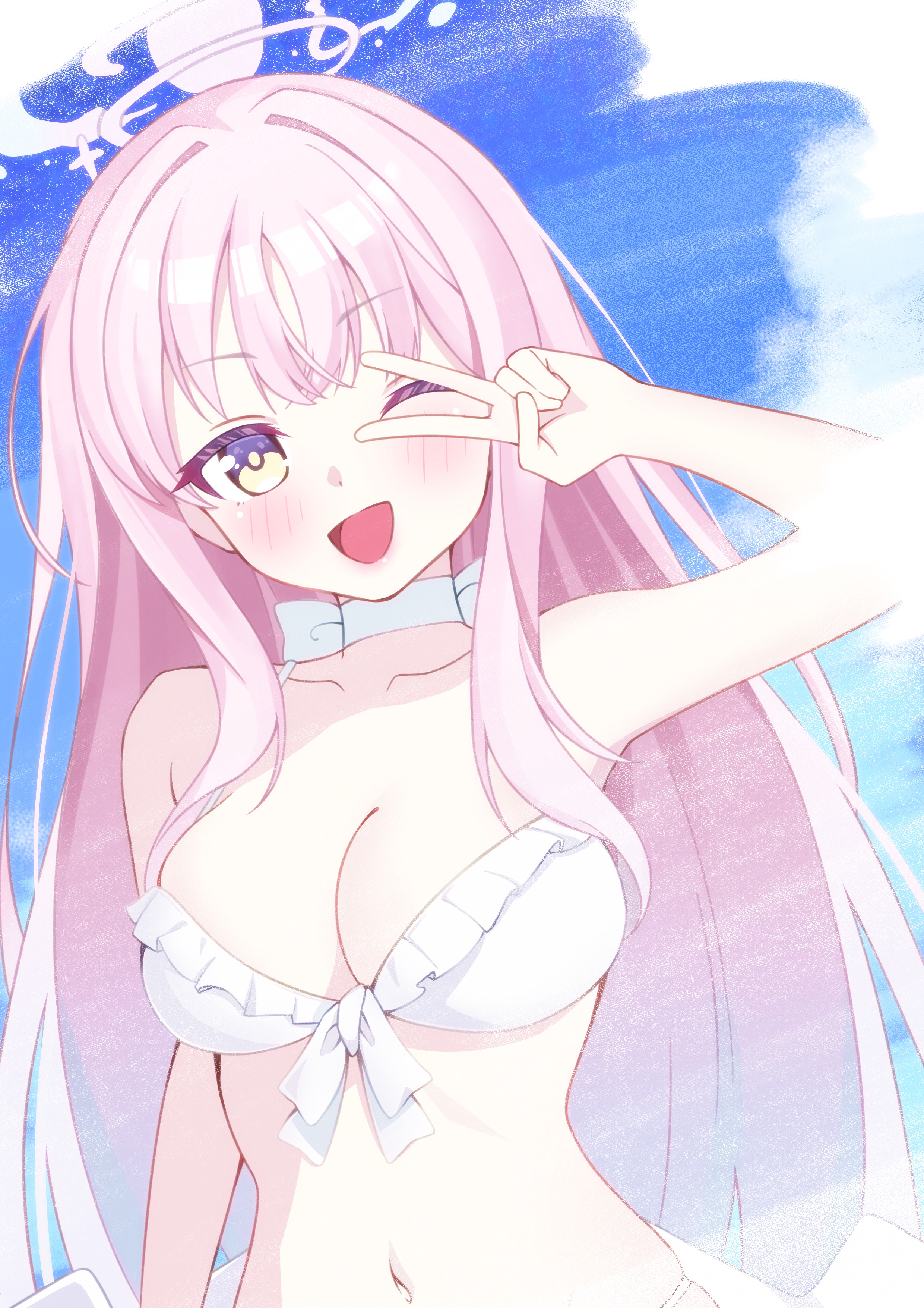 mika (blue archive), mika (swimsuit) (blue archive), blue archive, absurdres, highres, 1girl, bare arms, bare shoulders, bikini, blush, breasts, collarbone, frilled bikini, frills, halo, kumaneko vvw, large breasts, long hair, looking at viewer, multicolored eyes, navel, official alternate costume, official alternate hairstyle, one eye closed, open mouth, pink hair, pink halo, purple eyes, smile, solo, stomach, swimsuit, two-tone eyes, upper body, v, very long hair, white bikini, yellow eyes
