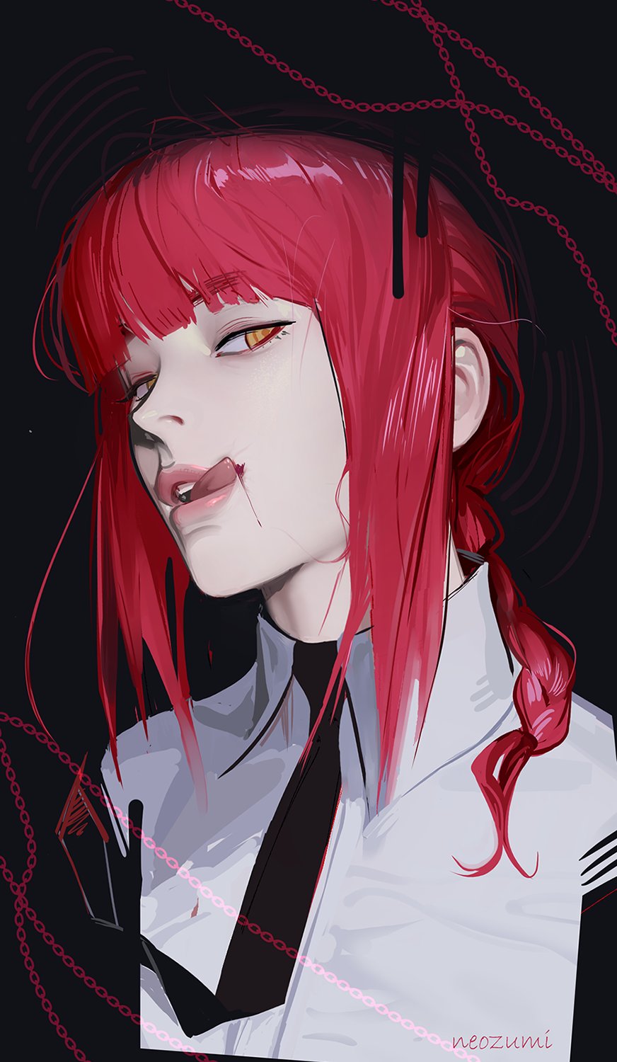 neozumi, makima (chainsaw man), chainsaw man, highres, 1girl, artist name, black background, black necktie, blood, blood on face, braid, braided ponytail, business suit, chain, collared shirt, formal clothes, lips, long hair, looking at viewer, necktie, office lady, red hair, ringed eyes, shirt, sidelocks, signature, simple background, solo, suit, teeth, tongue, tongue out, upper teeth only, white shirt, yellow eyes