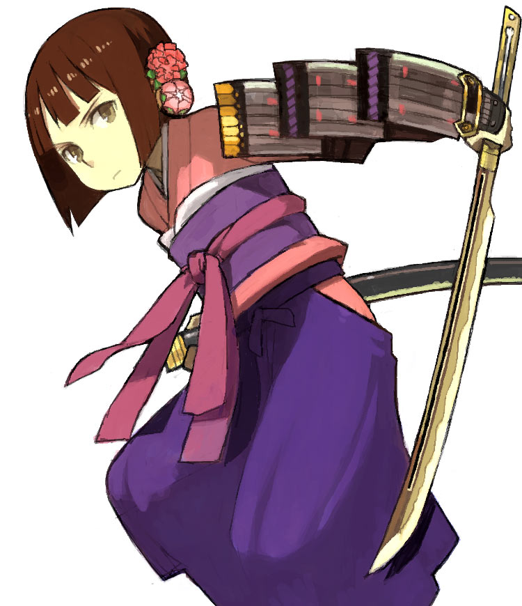 yu 65026, bushidou (sekaiju), bushidou 4 (sekaiju), atlus, etrian odyssey, 1girl, angry, armor, blunt bangs, bob cut, brown eyes, brown hair, female focus, fighting stance, flat chest, flower, frown, gloves, hair flower, hair ornament, hakama, hakama skirt, holding, japanese armor, japanese clothes, kimono, leaning forward, left-handed, looking at viewer, looking back, obi, profile, sash, sheath, short hair, shoulder armor, simple background, skirt, sode, solo, standing, sword, weapon, white background