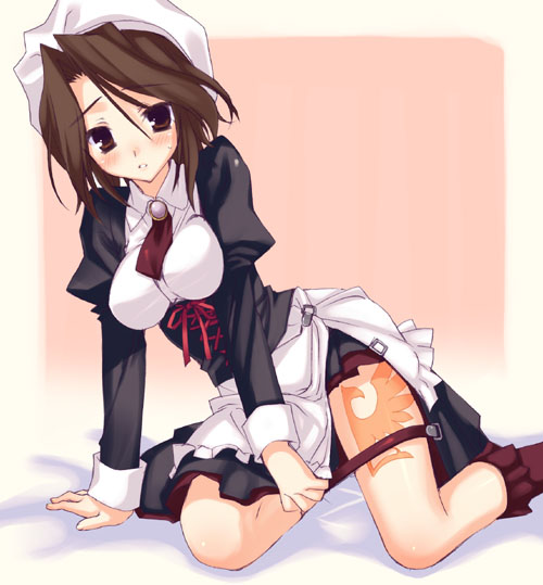 mori keiji, shannon (umineko), umineko no naku koro ni, 00s, 1girl, blush, breasts, brown eyes, brown hair, corset, dress, female focus, hat, kneeling, maid, necktie, orange background, short hair, socks, solo, tattoo