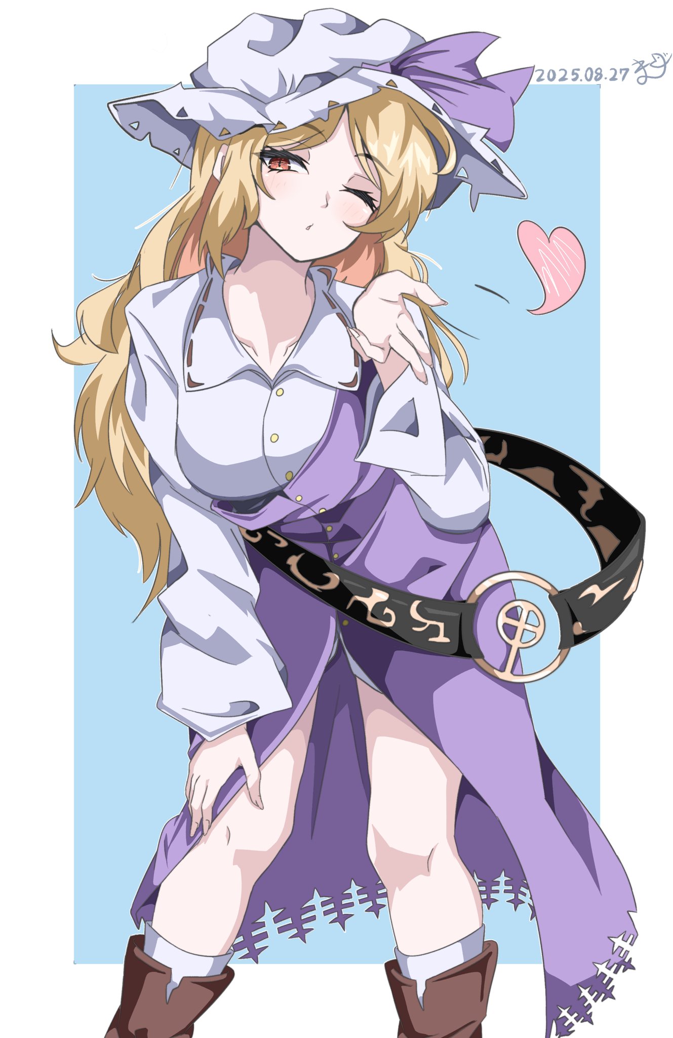 kakineko, watatsuki no toyohime, fossilized wonders, touhou, highres, 1girl, blonde hair, blowing kiss, boots, breasts, brown boots, buttons, collarbone, dress, frilled hat, frills, hand up, hat, large breasts, leaning, long hair, looking at viewer, o-ring, one eye closed, purple dress, shirt, solo, white hat, white shirt
