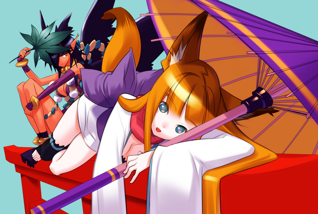 nekonoji, tensugi takashi, 2girls, animal ears, blue background, blue eyes, breasts, cleavage, dark-skinned female, dark skin, feet, fox ears, japanese clothes, long hair, looking at viewer, looking to the side, multiple girls, obi, oil-paper umbrella, one eye covered, purple sash, sash, single thighhigh, tail, thighhighs, toes, umbrella, wings