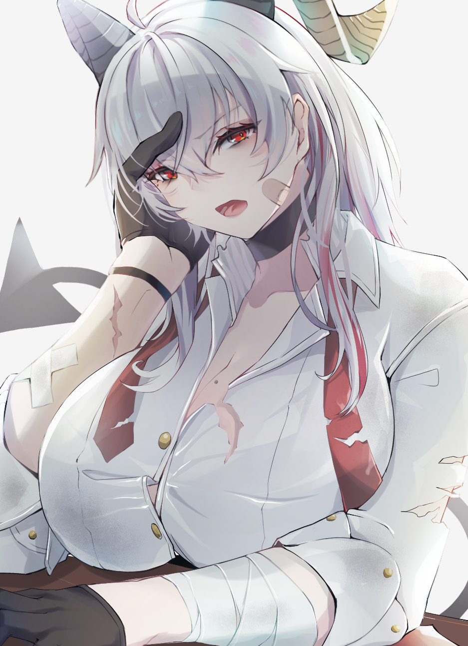 kiraboshi (kiraboshi-1025), zani (wuthering waves), wuthering waves, commentary, highres, 1girl, ahoge, bandaged arm, bandages, bandaid, bandaid on face, black choker, black gloves, black horns, breasts, choker, collarbone, collared shirt, curled horns, gloves, hair between eyes, horns, huge breasts, looking at viewer, necktie, open mouth, red eyes, red necktie, shirt, solo, torn clothes, torn shirt, undone necktie, white shirt