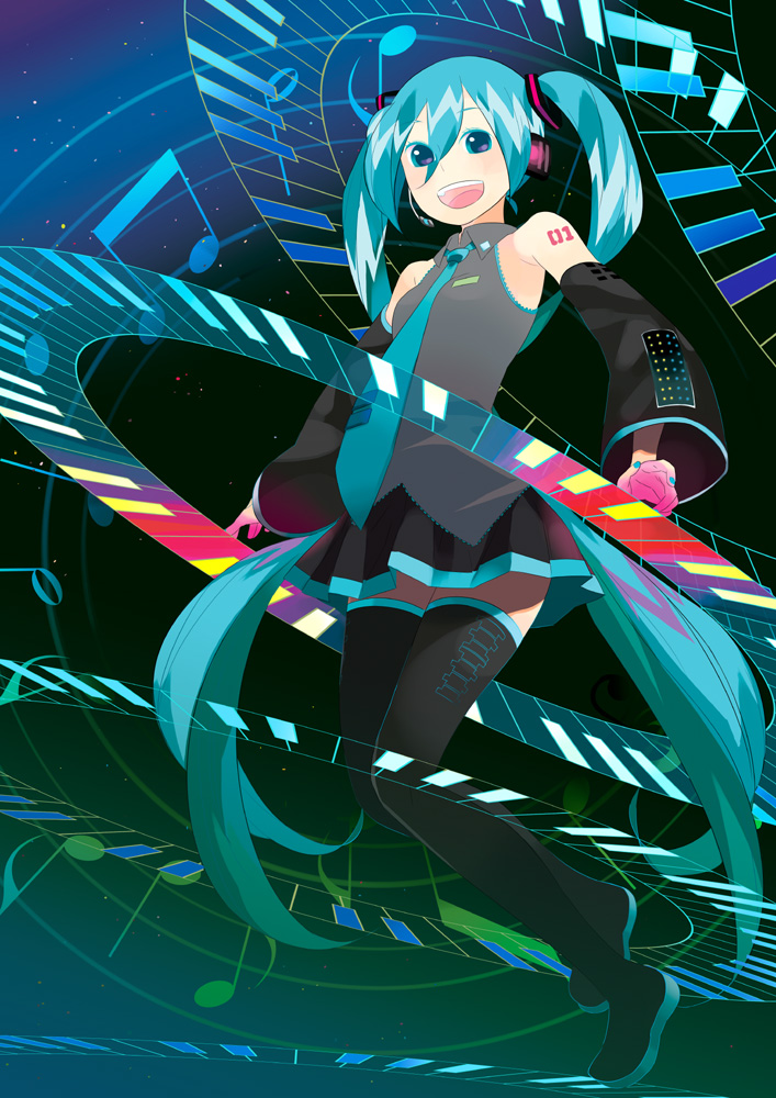 rakuraku, hatsune miku, vocaloid, green hair, long hair, necktie, skirt, solo, thighhighs, twintails, very long hair