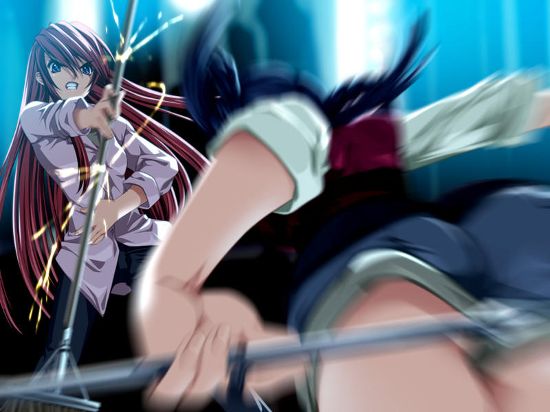 senomoto hisashi, kisaragi shuuji, sakuraba yuu, yamada taeko (koisuru otome to shugo no tate), koisuru otome to shugo no tate, game cg, 1boy, 1girl, ass, battle, blue eyes, blue hair, blue shorts, blurry, broom, clenched teeth, crossdressing, depth of field, duel, hand on own stomach, holding, long sleeves, motion blur, parted lips, red hair, school uniform, shirt, short shorts, shorts, sleeves rolled up, sparks, teeth, trap, untucked shirt, white shirt