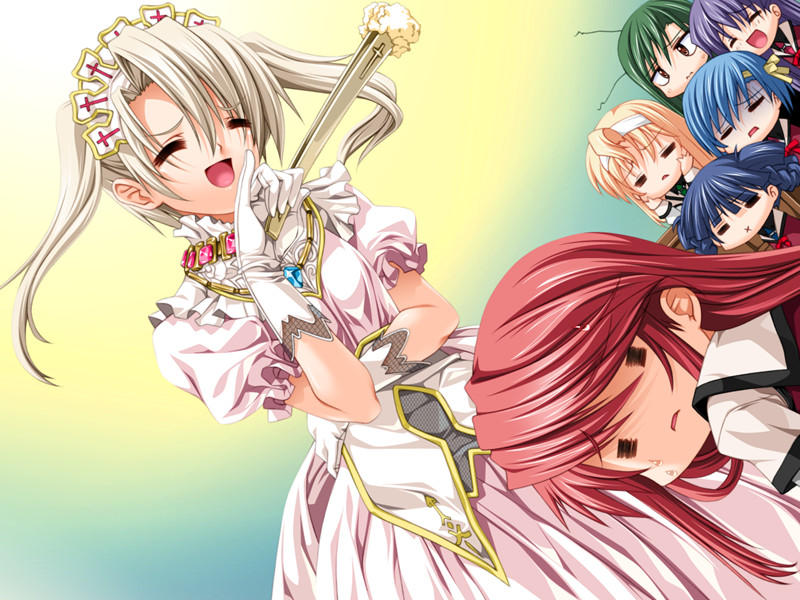 senomoto hisashi, homura yuuri, kasugazaki yukino, kisaragi shuuji, sakuraba yuu, sanada setsuko, sanada setsuku, shinjou marina, tsubakihara ren, yamada taeko (koisuru otome to shugo no tate), koisuru otome to shugo no tate, game cg, 2boys, 5girls, 6+girls, chibi, crossdressing, multiple boys, multiple girls, nomura yuuri, school uniform, serafuku, trap
