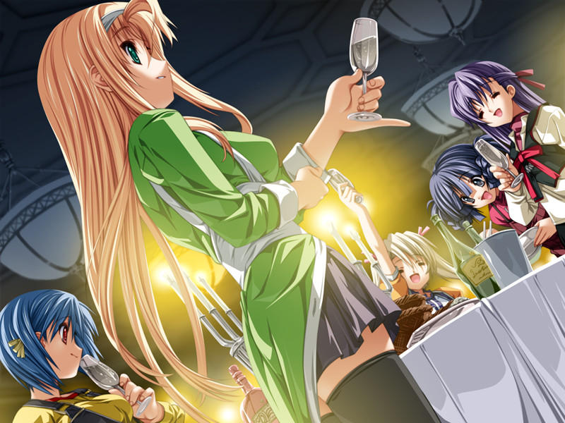 senomoto hisashi, kasugazaki yukino, sakuraba yuu, sanada setsuko, sanada setsuku, shinjou marina, tsubakihara ren, koisuru otome to shugo no tate, game cg, 1boy, 4girls, 5girls, multiple girls, party, thighhighs