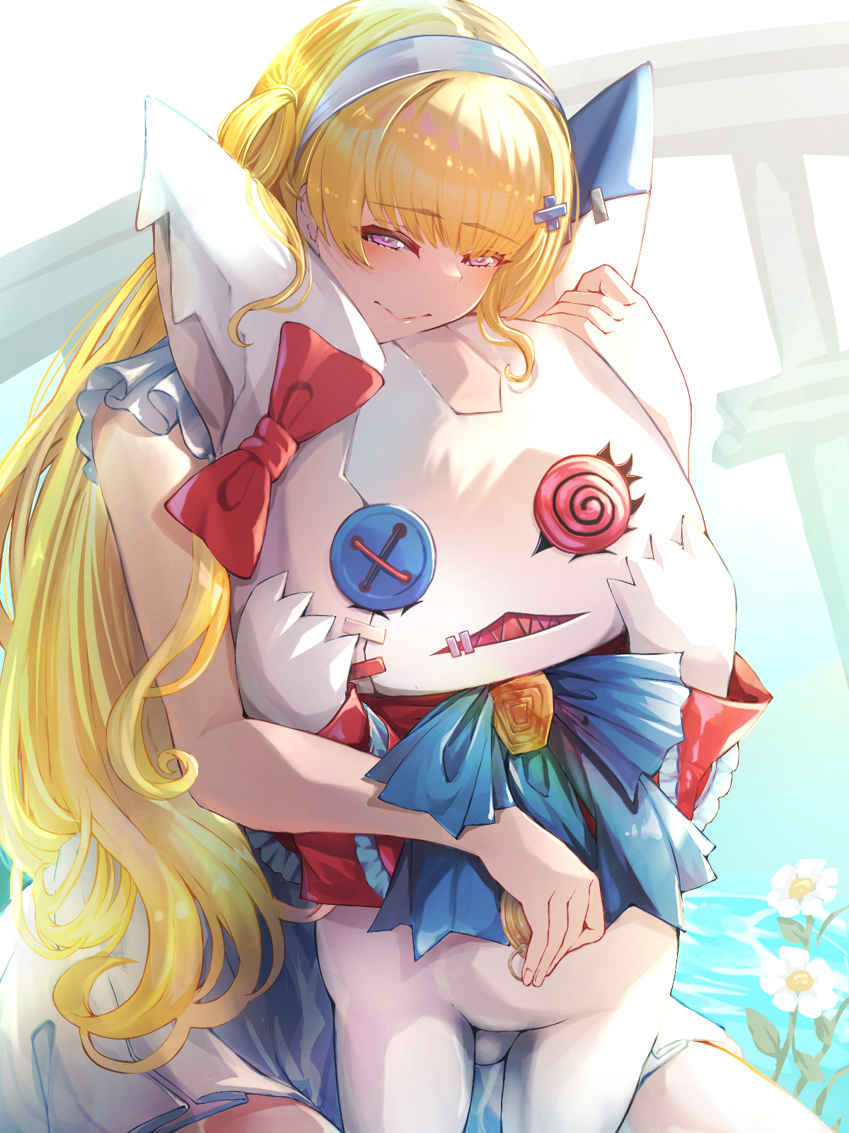kiraboshi (kiraboshi-1025), phoebe (wuthering waves), wuthering waves, commentary request, highres, 1girl, alternate costume, blonde hair, closed mouth, dress, hair ornament, hairband, holding, holding stuffed toy, purple eyes, solo, stuffed animal, stuffed toy, tacet discord (wuthering waves), white dress, white hairband, x hair ornament