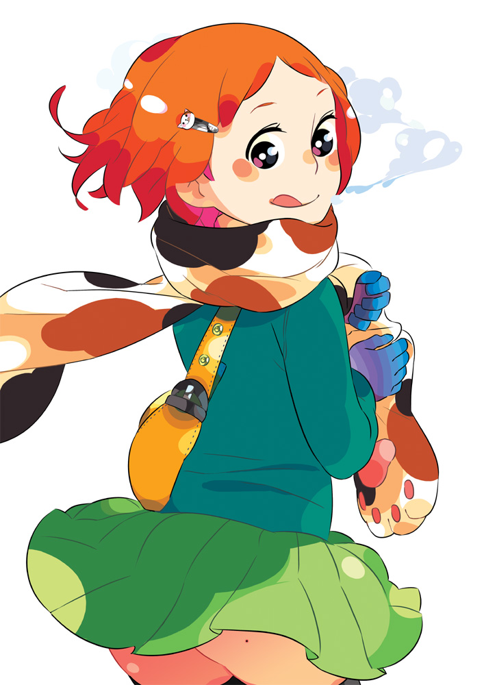 rakuraku, 1girl, :q, bag, breath, cat hair ornament, cowboy shot, female focus, gloves, hair ornament, hairclip, licking lips, looking back, mole, red hair, scarf, short hair, shoulder bag, skirt, solo, thighhighs, tongue, tongue out, wind, wind lift, winter